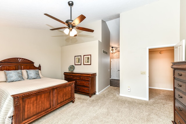 9825 Covington Blvd, Fishers, IN 46037 - bedroom with light colored carpet, high vaulted ceiling, and a ceiling fan