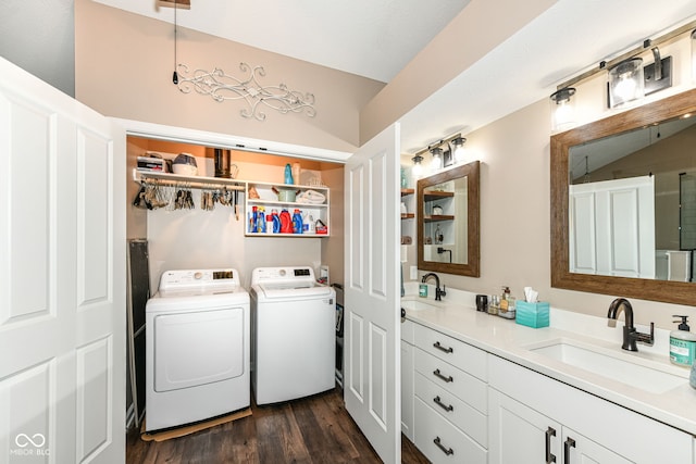 9825 Covington Blvd, Fishers, IN 46037 - laundry room with separate washer and dryer and dark wood-style flooring
