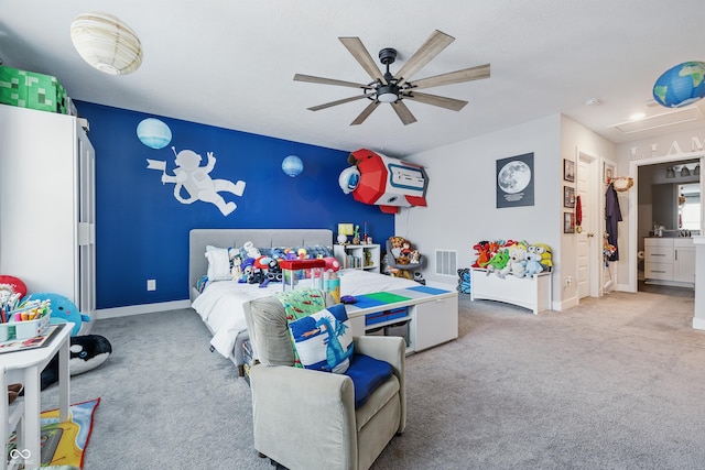 3839 Albert Ln, Bargersville, IN 46106 - bedroom featuring carpet floors, attic access, and a ceiling fan
