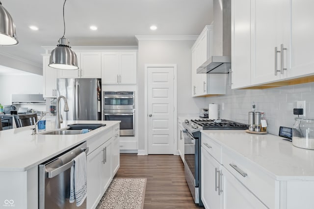 3839 Albert Ln, Bargersville, IN 46106 - kitchen with appliances with stainless steel finishes, ornamental molding, wall chimney range hood, light countertops, and backsplash