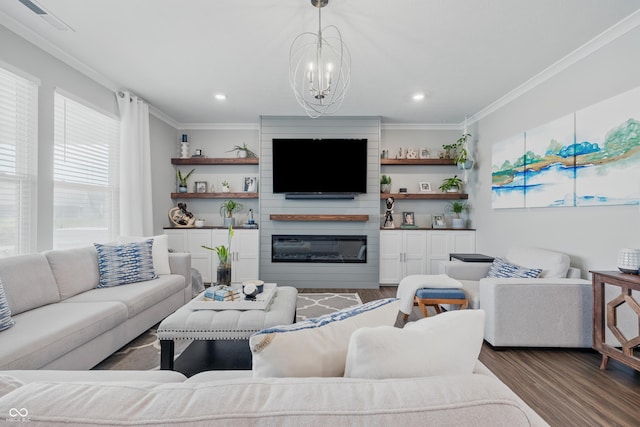 3839 Albert Ln, Bargersville, IN 46106 - living area featuring crown molding, wood finished floors, a chandelier, a large fireplace, and recessed lighting