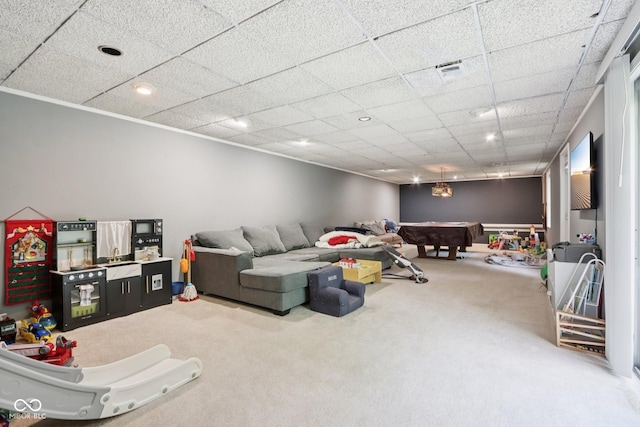 7029 Kingswood Cir, Indianapolis, IN 46256 - carpeted living room with billiards, a drop ceiling, and recessed lighting