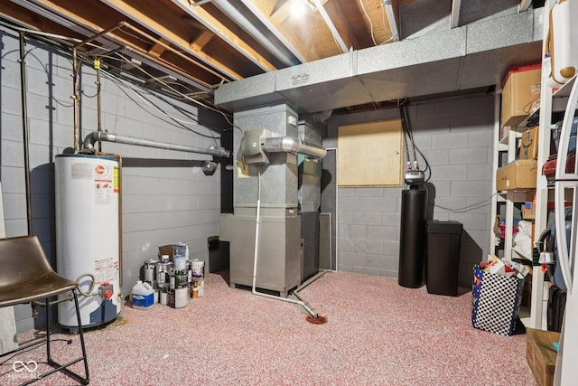 7029 Kingswood Cir, Indianapolis, IN 46256 - unfinished basement featuring gas water heater, carpet, heating unit, and a water softener