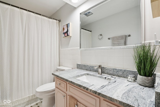 7029 Kingswood Cir, Indianapolis, IN 46256 - bathroom with tile walls, vanity, and a shower with curtain