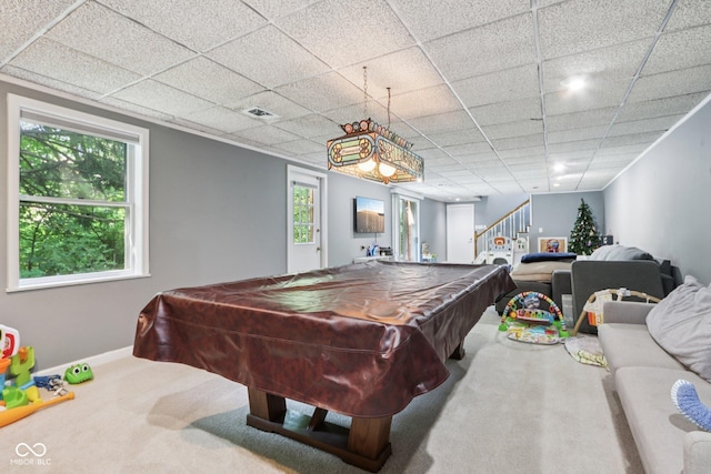 7029 Kingswood Cir, Indianapolis, IN 46256 - game room with carpet, billiards table, and a drop ceiling