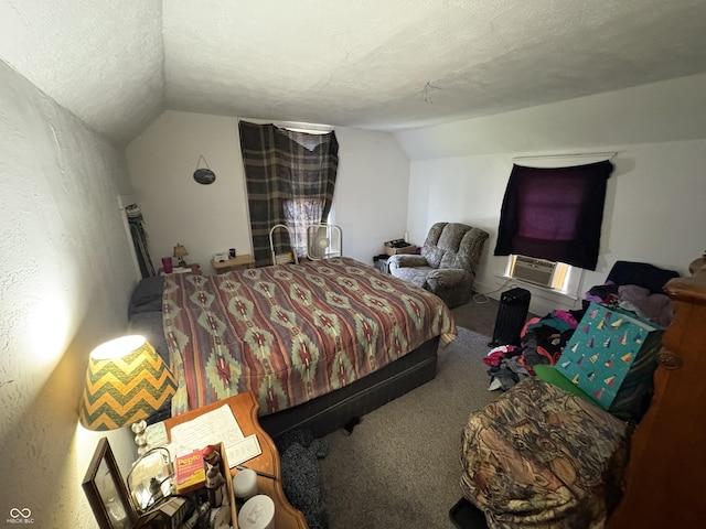 1809 E 13th St, Muncie, IN 47302 - bedroom featuring lofted ceiling, carpet, cooling unit, and a textured ceiling