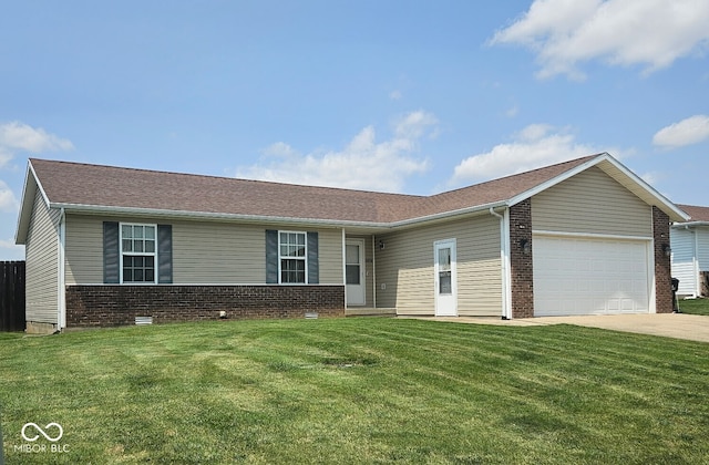 1674 W Independence St, Greensburg, IN 47240 - ranch-style house with brick siding, an attached garage, a front lawn, and concrete driveway