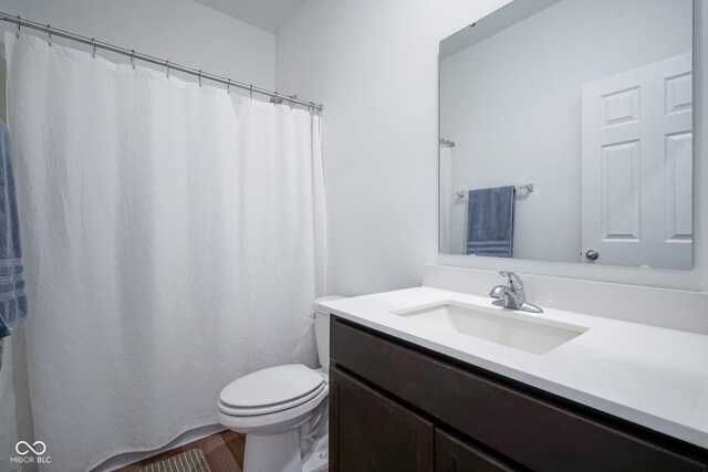 6608 W Shoreline Ct, Greenfield, IN 46140 - bathroom featuring vanity, wood finished floors, and curtained shower