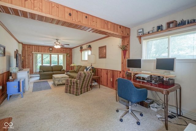 1524 Northcrest Dr, Anderson, IN 46012 - carpeted home office featuring wooden walls, a baseboard radiator, a ceiling fan, crown molding, and wainscoting