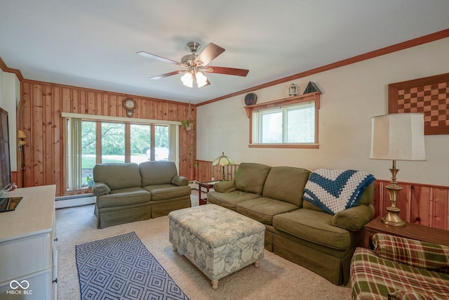 1524 Northcrest Dr, Anderson, IN 46012 - living area with a baseboard heating unit, ornamental molding, wood walls, a ceiling fan, and plenty of natural light