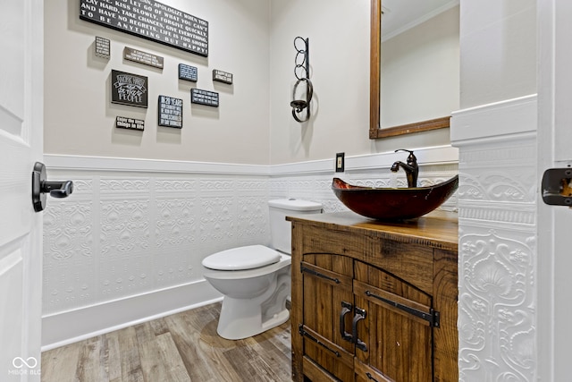 17320 Joliet Rd, Westfield, IN 46074 - bathroom featuring wood finished floors, vanity, a wainscoted wall, and ornamental molding