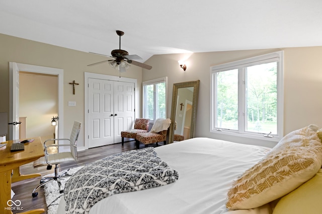 17320 Joliet Rd, Westfield, IN 46074 - bedroom with multiple windows, vaulted ceiling, wood finished floors, a closet, and ceiling fan