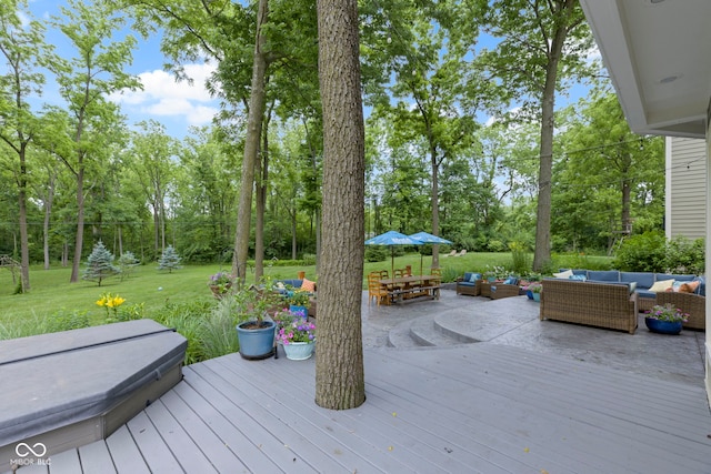 17320 Joliet Rd, Westfield, IN 46074 - deck featuring an outdoor living space, a yard, and view of scattered trees