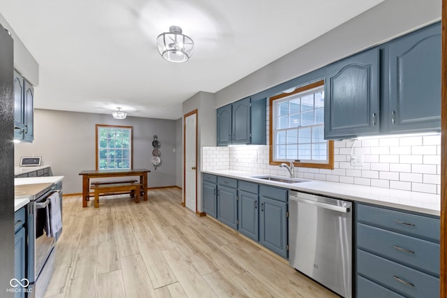 10808 Greenbriar Dr, Fishers, IN 46037 - kitchen with appliances with stainless steel finishes, blue cabinets, light countertops, backsplash, and light wood finished floors