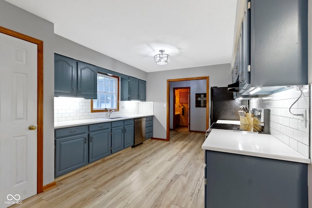 10808 Greenbriar Dr, Fishers, IN 46037 - kitchen with blue cabinetry, stainless steel dishwasher, decorative backsplash, light countertops, and light wood-style floors
