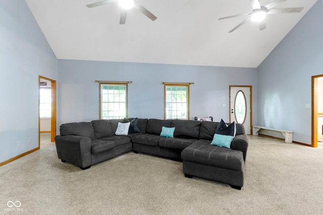 10808 Greenbriar Dr, Fishers, IN 46037 - carpeted living room with a ceiling fan and high vaulted ceiling