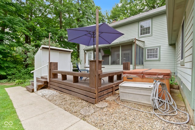 10808 Greenbriar Dr, Fishers, IN 46037 - wooden terrace featuring a hot tub and a sunroom