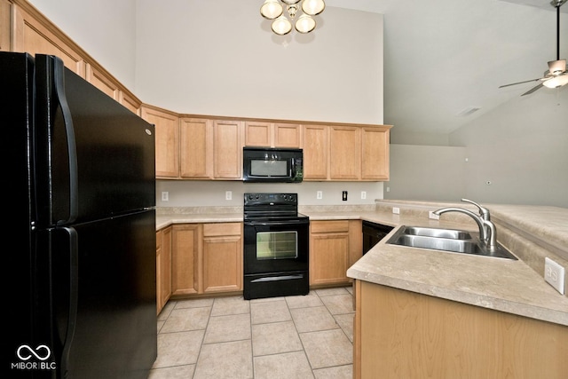 10668 Whippoorwill Ln, Indianapolis, IN 46231 - kitchen with black appliances, a peninsula, light tile patterned flooring, light countertops, and a ceiling fan