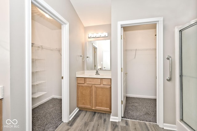 10668 Whippoorwill Ln, Indianapolis, IN 46231 - full bath with vanity, a spacious closet, a stall shower, and wood finished floors