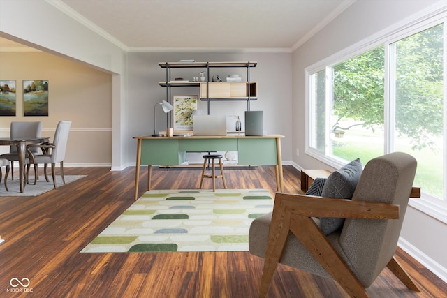 14492 Cotswold Ln, Carmel, IN 46033 - living area featuring crown molding, wood finished floors, and an office area
