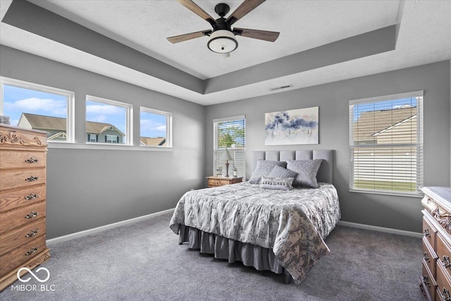 4420 Wild Turkey Dr, Indianapolis, IN 46239 - bedroom featuring carpet, a textured ceiling, a tray ceiling, and ceiling fan
