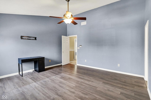 12322 Cool Winds Way W, Fishers, IN 46037 - empty room featuring high vaulted ceiling, ceiling fan, and wood finished floors
