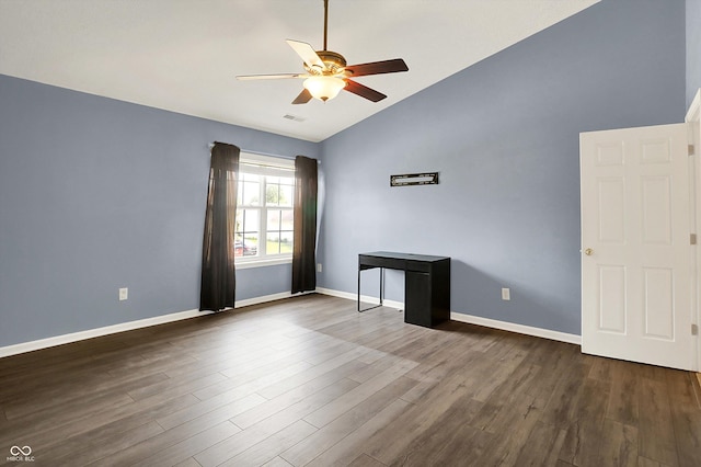 12322 Cool Winds Way W, Fishers, IN 46037 - spare room featuring vaulted ceiling, a ceiling fan, and dark wood-style floors
