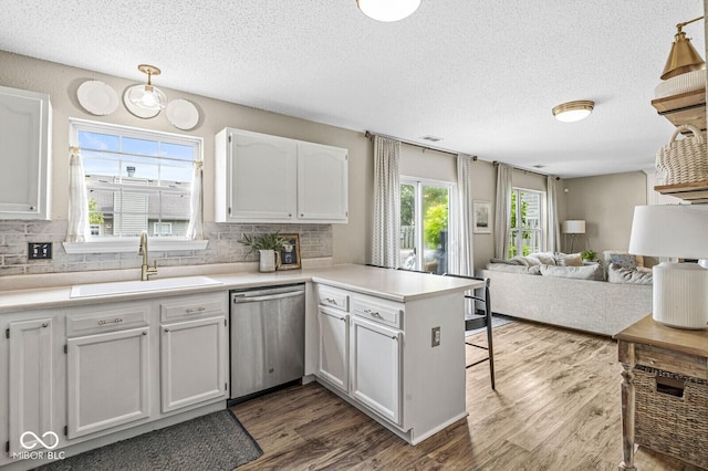 12259 Sweet Creek Trl, Fishers, IN 46037 - kitchen with stainless steel dishwasher, a peninsula, open floor plan, decorative backsplash, and a textured ceiling