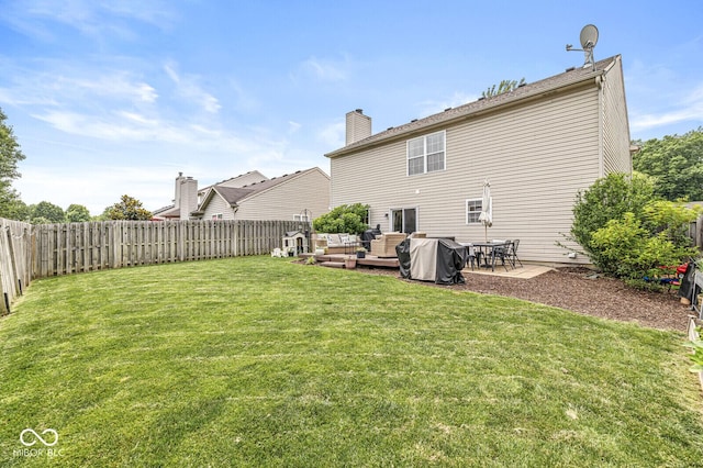 12259 Sweet Creek Trl, Fishers, IN 46037 - rear view of house featuring outdoor lounge area, a fenced backyard, a patio, and a chimney