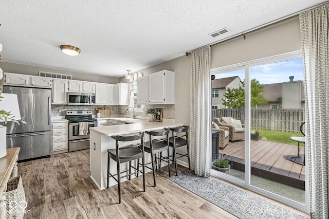 12259 Sweet Creek Trl, Fishers, IN 46037 - kitchen featuring stainless steel appliances, a peninsula, healthy amount of natural light, a kitchen breakfast bar, and a textured ceiling