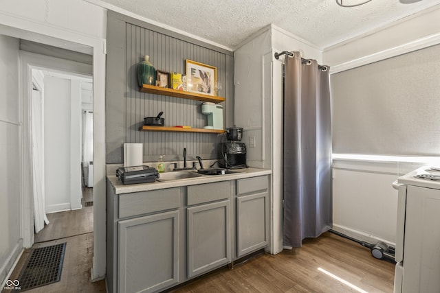 1849 E Minnesota St, Indianapolis, IN 46203 - kitchen featuring gray cabinets, white stove, wood finished floors, a textured ceiling, and light countertops