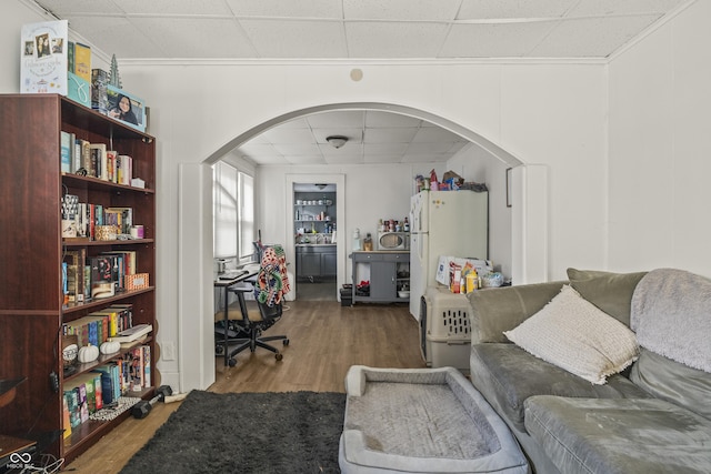 1849 E Minnesota St, Indianapolis, IN 46203 - office area featuring a drop ceiling, wood finished floors, arched walkways, and crown molding