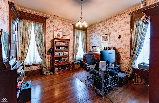 825 E Washington St, Muncie, IN 47305 - office space with wallpapered walls, hardwood / wood-style flooring, and a chandelier