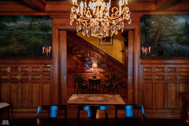 825 E Washington St, Muncie, IN 47305 - dining room featuring stairway, a chandelier, and crown molding
