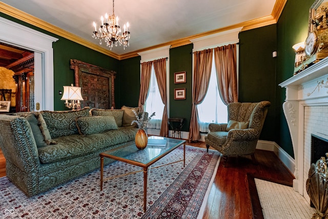 825 E Washington St, Muncie, IN 47305 - living area featuring a chandelier, hardwood / wood-style flooring, a fireplace with flush hearth, and ornamental molding