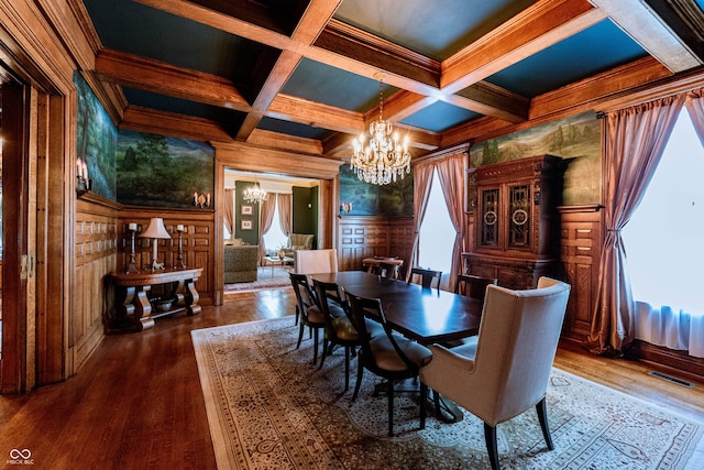 825 E Washington St, Muncie, IN 47305 - dining room featuring a chandelier, coffered ceiling, beamed ceiling, dark wood finished floors, and crown molding