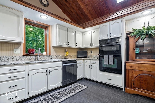 6975 Milhouse Rd, Indianapolis, IN 46221 - kitchen with black appliances, wooden ceiling, lofted ceiling, white cabinets, and light stone countertops