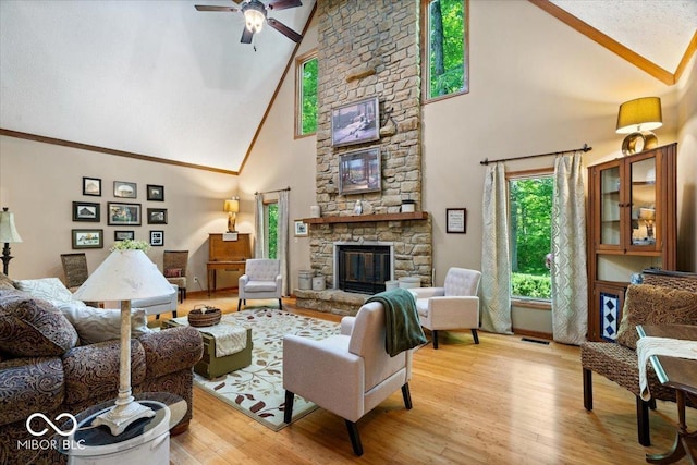 6975 Milhouse Rd, Indianapolis, IN 46221 - living area featuring high vaulted ceiling, light wood-style flooring, a ceiling fan, and a fireplace