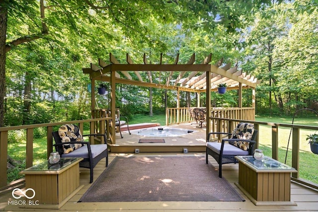 6975 Milhouse Rd, Indianapolis, IN 46221 - wooden deck with a pergola and view of wooded area