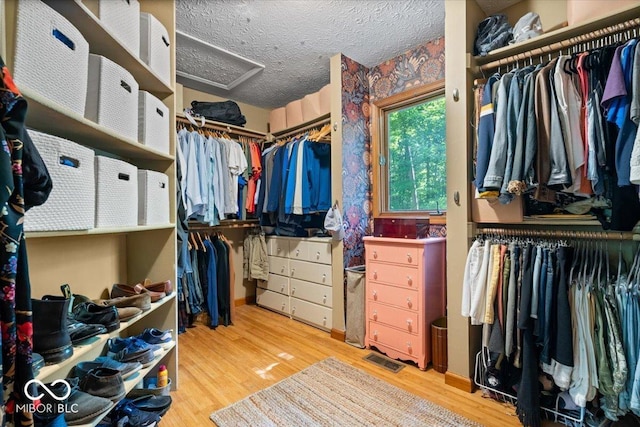 6975 Milhouse Rd, Indianapolis, IN 46221 - walk in closet featuring attic access and wood finished floors