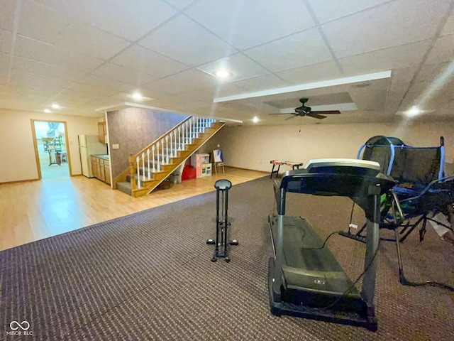 14266 S 125 E, Clinton, IN 47842 - exercise room featuring carpet, a paneled ceiling, wood finished floors, and a ceiling fan