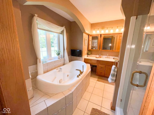 14266 S 125 E, Clinton, IN 47842 - full bathroom with vanity, a whirlpool tub, a shower stall, and tile patterned flooring