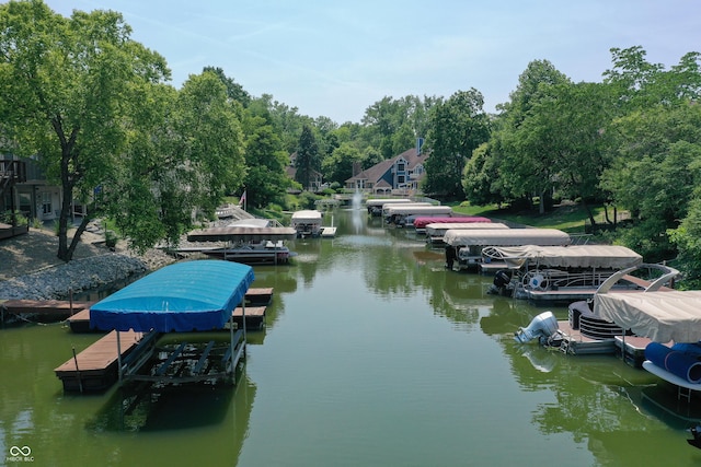 8069 Middle Bay Ln, Indianapolis, IN 46236 - dock with boat lift, a water view, and view of wooded area