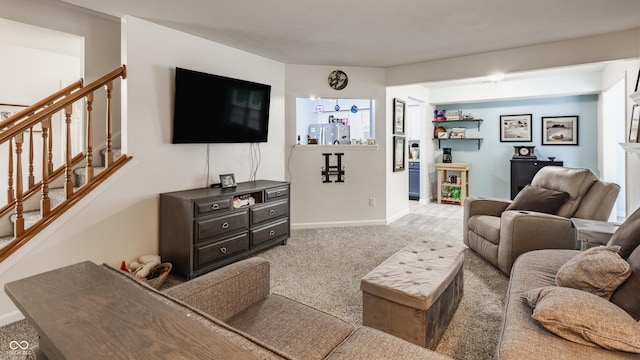 1112 Halifax Ct, Indianapolis, IN 46231 - carpeted living room with stairway and baseboards