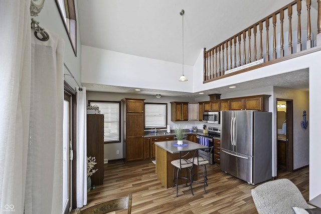 5823 E Sheridan Rd, Monticello, IN 47960 - kitchen featuring stainless steel appliances, high vaulted ceiling, a kitchen island, dark wood-type flooring, and a kitchen bar