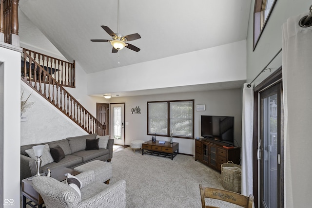 5823 E Sheridan Rd, Monticello, IN 47960 - living area with stairway, high vaulted ceiling, a ceiling fan, and carpet flooring
