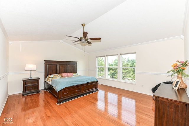 14109 Secretariat Ct, Carmel, IN 46074 - bedroom featuring light wood-style floors, crown molding, vaulted ceiling, and a ceiling fan