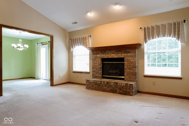 413 Blue Spring Dr, Indianapolis, IN 46239 - unfurnished living room featuring a chandelier, a fireplace, carpet floors, and lofted ceiling