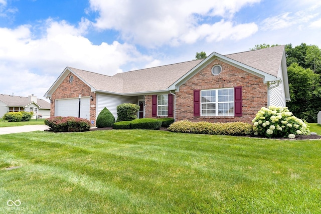413 Blue Spring Dr, Indianapolis, IN 46239 - ranch-style house featuring brick siding, a garage, a front lawn, a shingled roof, and concrete driveway