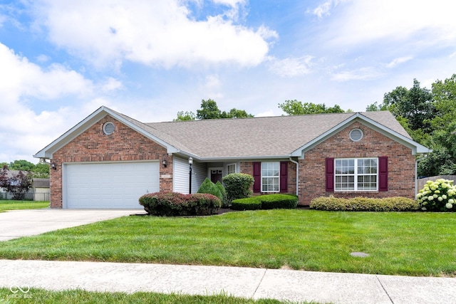 413 Blue Spring Dr, Indianapolis, IN 46239 - ranch-style home with brick siding, an attached garage, concrete driveway, a front yard, and roof with shingles